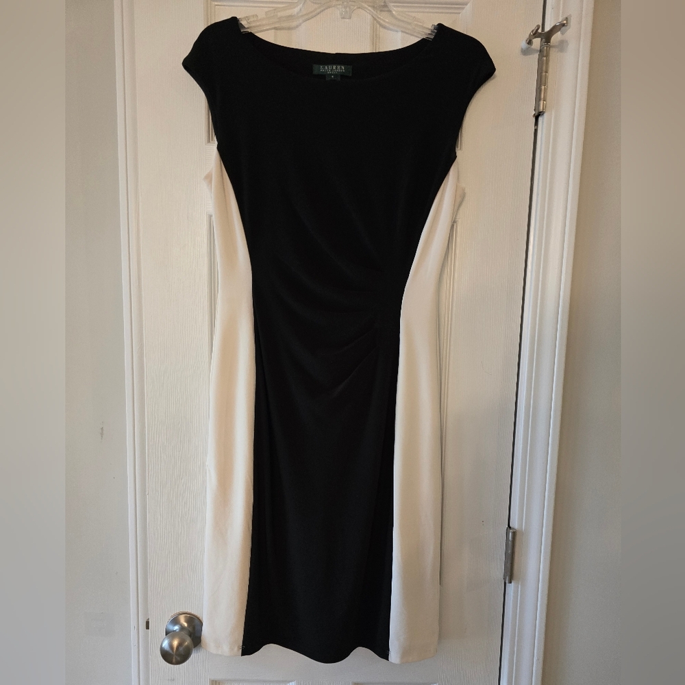 Ralph Lauren Black and White Cap-Sleeve Midi Sheath Dress, Size 8